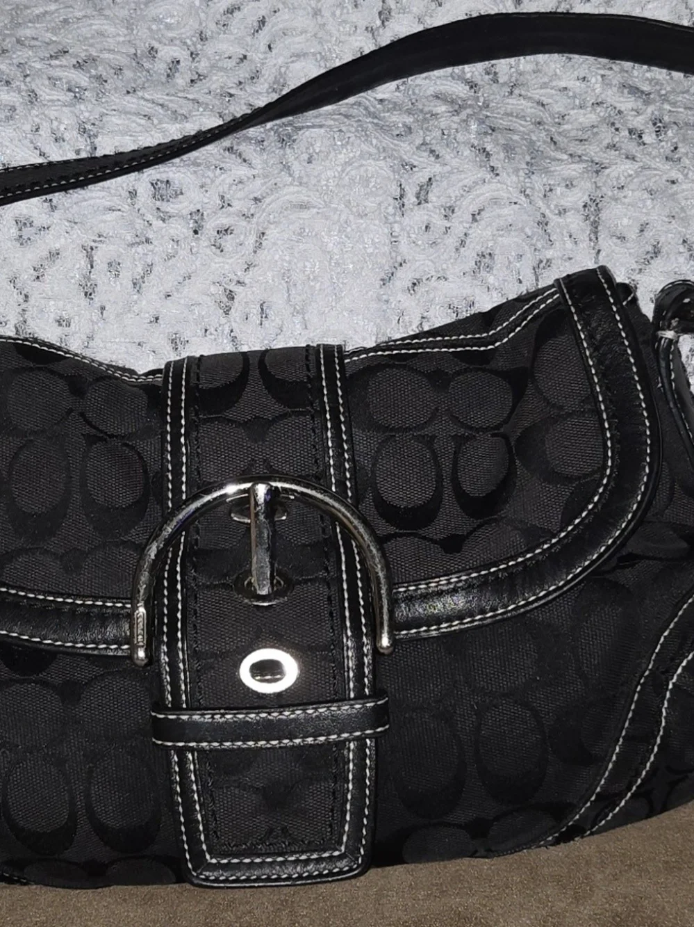 Vintage Y2K Coach Black Signature Shoulder Bag with Silver Buckle